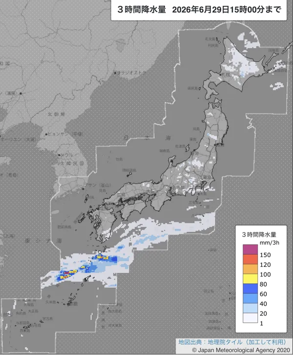 2026年6月29日12〜15時の日本周辺の3時間解析降水量