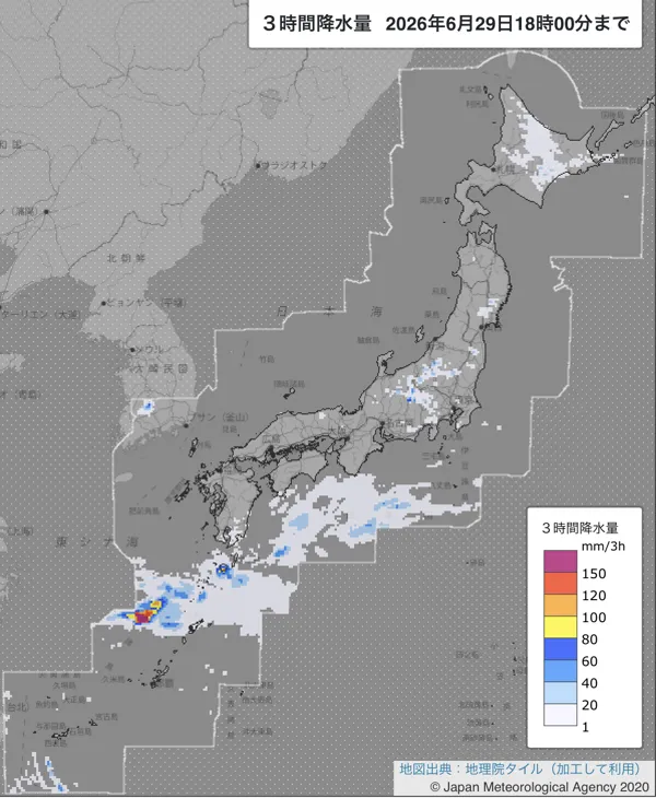 2026年6月29日15〜18時の日本周辺の3時間解析降水量