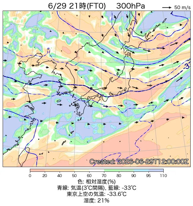 2026年6月29日の日本周辺の300hPa天気図（21時）