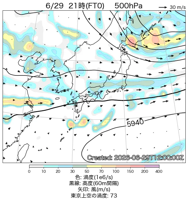 2026年6月29日の日本周辺の500hPa天気図（21時）