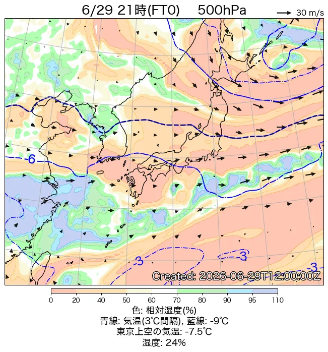 2026年6月29日の日本周辺の500hPa天気図（21時）