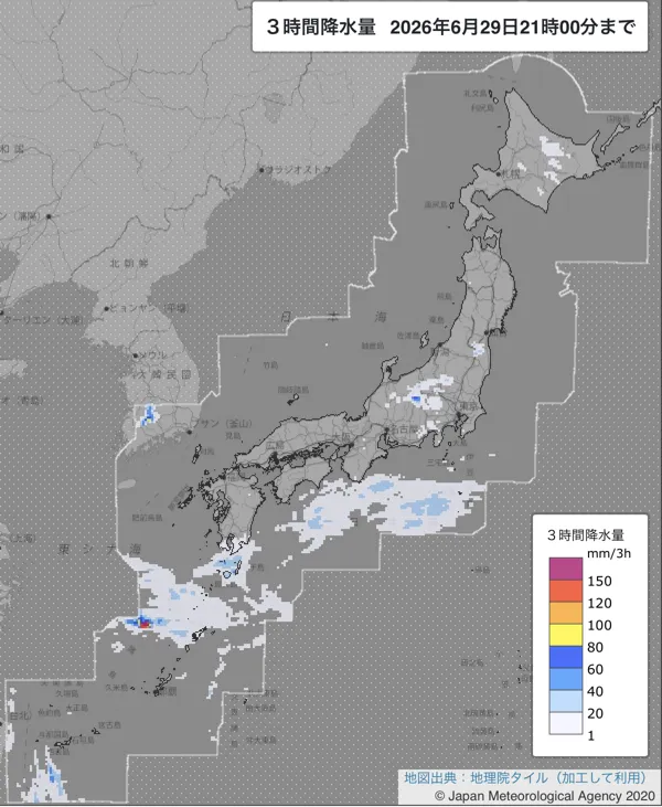 2026年6月29日18〜21時の日本周辺の3時間解析降水量