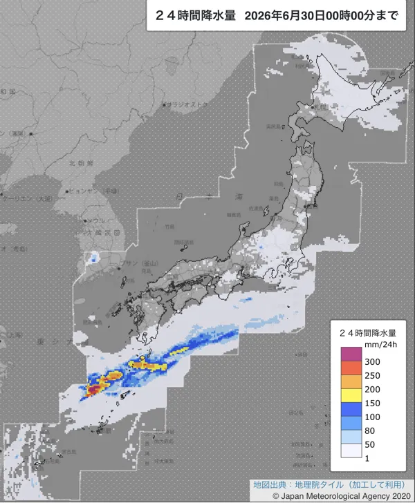 2026年6月29日の日本周辺の日解析雨量の図