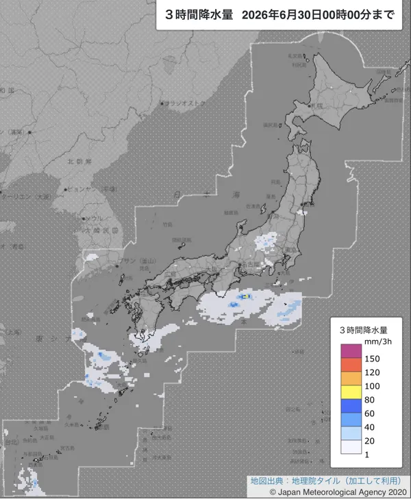 2026年6月29日21〜24時の日本周辺の3時間解析降水量
