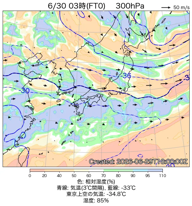 2026年6月30日の日本周辺の300hPa天気図（3時）