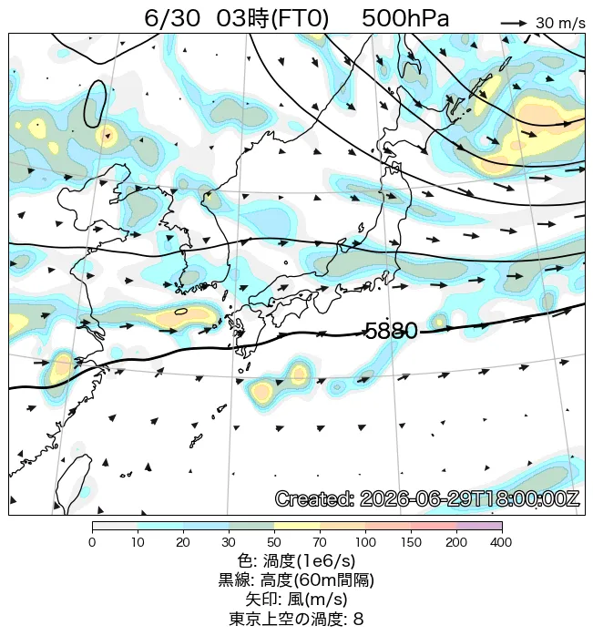 2026年6月30日の日本周辺の500hPa天気図（3時）