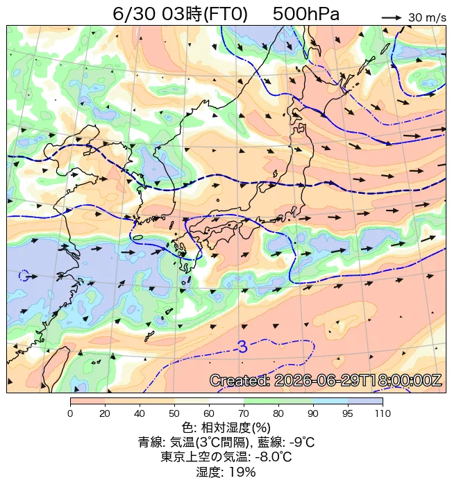2026年6月30日の日本周辺の500hPa天気図（3時）