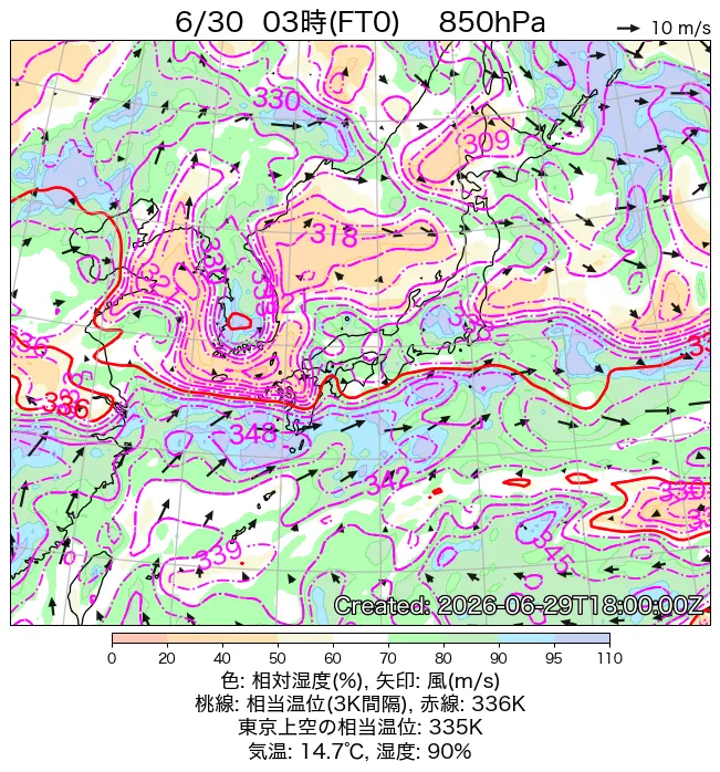 2026年6月30日の日本周辺の850hPa天気図（3時）