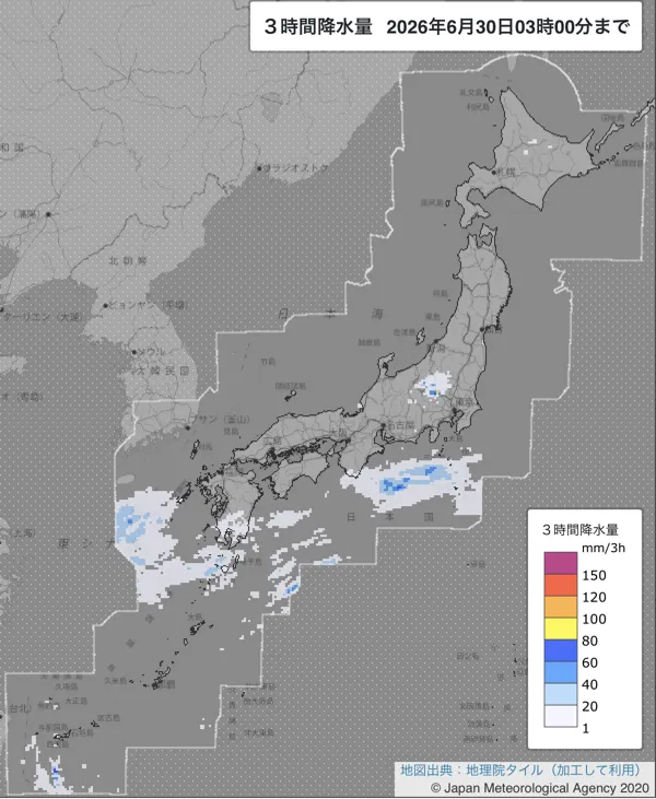 2026年6月30日0〜3時の日本周辺の3時間解析降水量