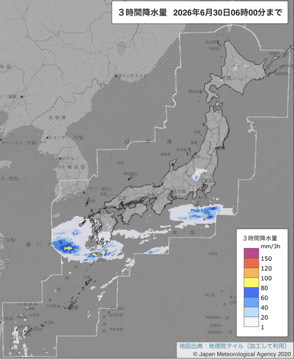 2026年6月30日3〜6時の日本周辺の3時間解析降水量