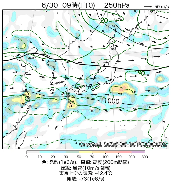2026年6月30日の日本周辺の250hPa天気図（9時）
