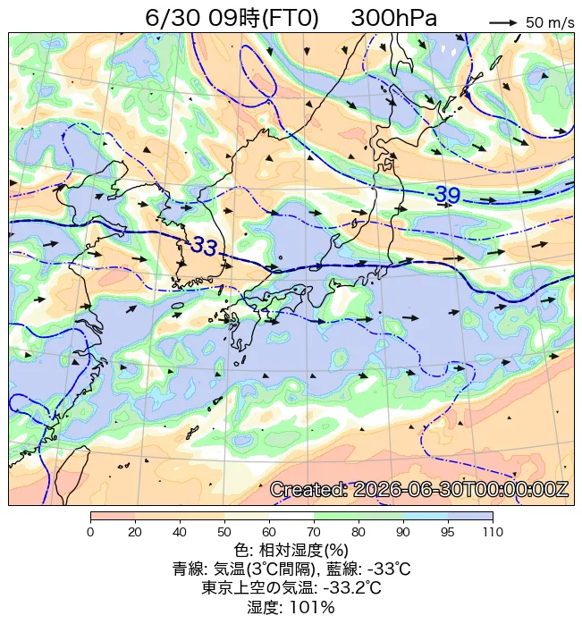 2026年6月30日の日本周辺の300hPa天気図（9時）