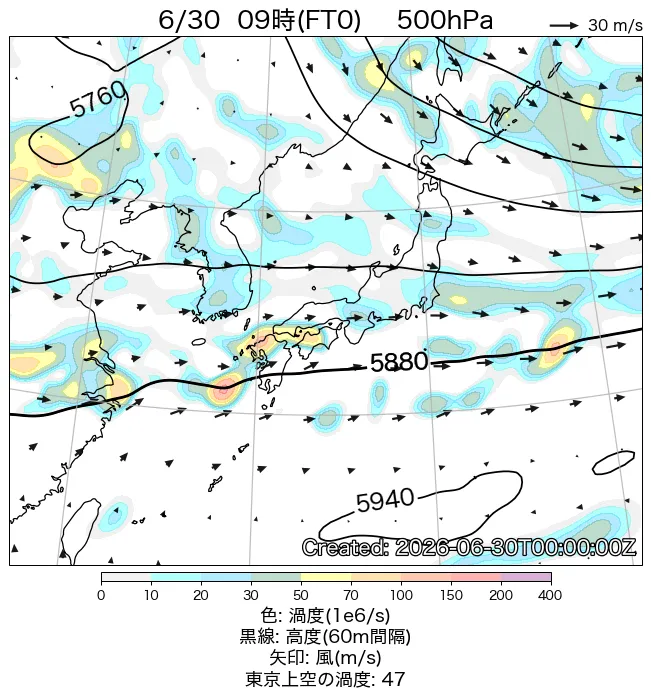 2026年6月30日の日本周辺の500hPa天気図（9時）