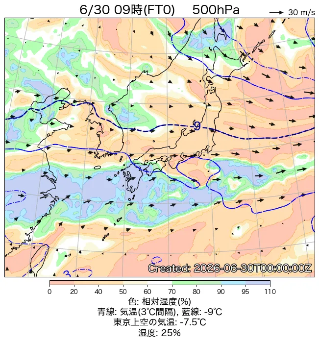 2026年6月30日の日本周辺の500hPa天気図（9時）