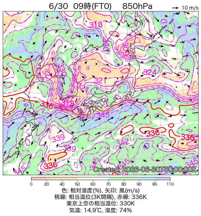 2026年6月30日の日本周辺の850hPa天気図（9時）