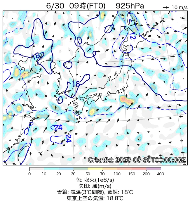 2026年6月30日の日本周辺の925hPa天気図（9時）