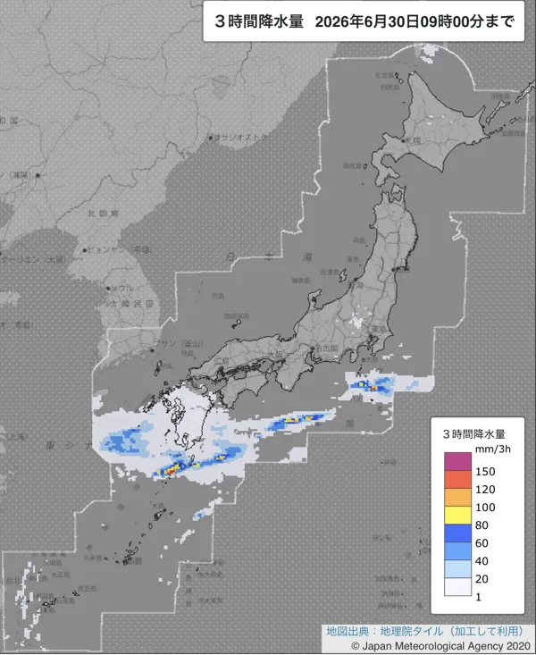 2026年6月30日6〜9時の日本周辺の3時間解析降水量