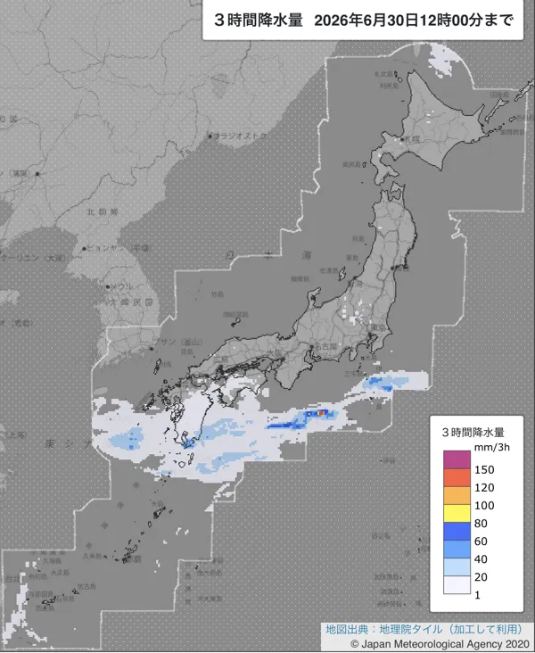 2026年6月30日9〜12時の日本周辺の3時間解析降水量