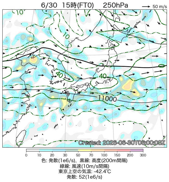 2026年6月30日の日本周辺の250hPa天気図（15時）