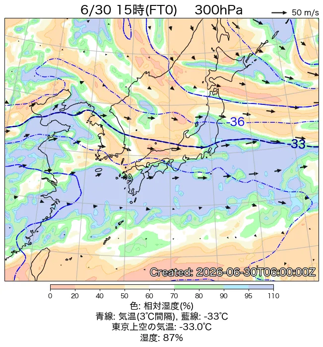 2026年6月30日の日本周辺の300hPa天気図（15時）