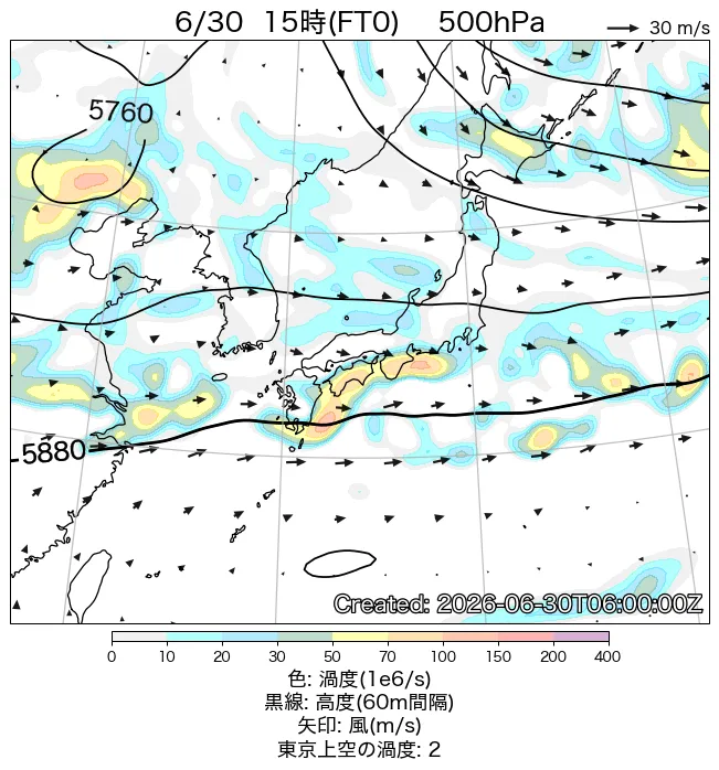 2026年6月30日の日本周辺の500hPa天気図（15時）