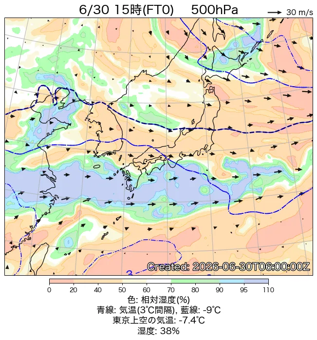 2026年6月30日の日本周辺の500hPa天気図（15時）