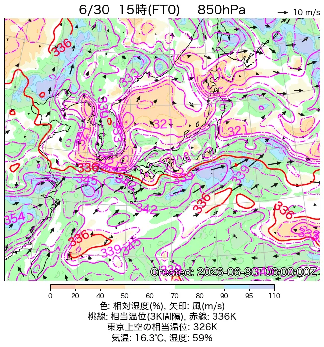 2026年6月30日の日本周辺の850hPa天気図（15時）