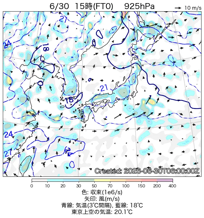 2026年6月30日の日本周辺の925hPa天気図（15時）