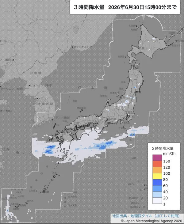 2026年6月30日12〜15時の日本周辺の3時間解析降水量