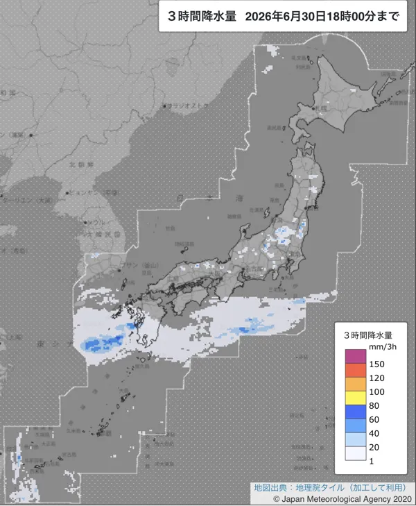 2026年6月30日15〜18時の日本周辺の3時間解析降水量
