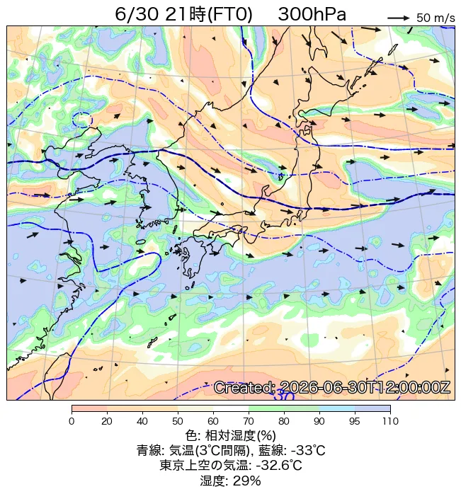 2026年6月30日の日本周辺の300hPa天気図（21時）