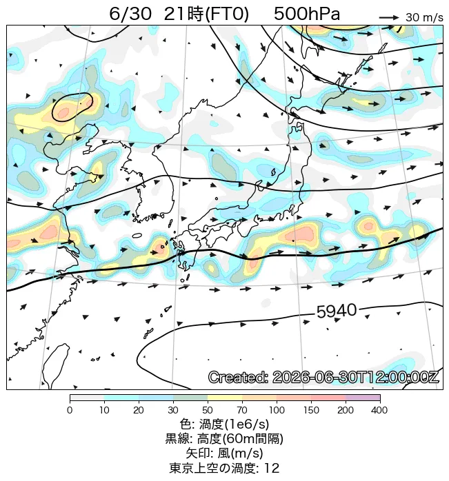 2026年6月30日の日本周辺の500hPa天気図（21時）