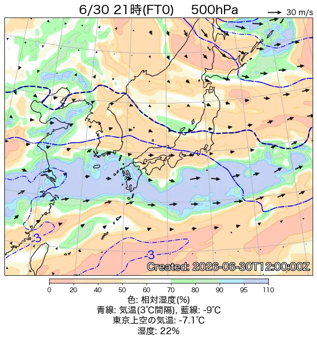 2026年6月30日の日本周辺の500hPa天気図（21時）