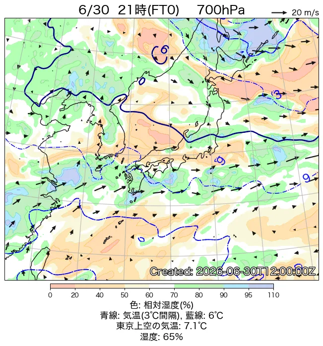 2026年6月30日の日本周辺の700hPa天気図（21時）