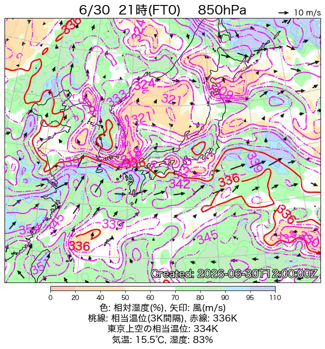 2026年6月30日の日本周辺の850hPa天気図（21時）