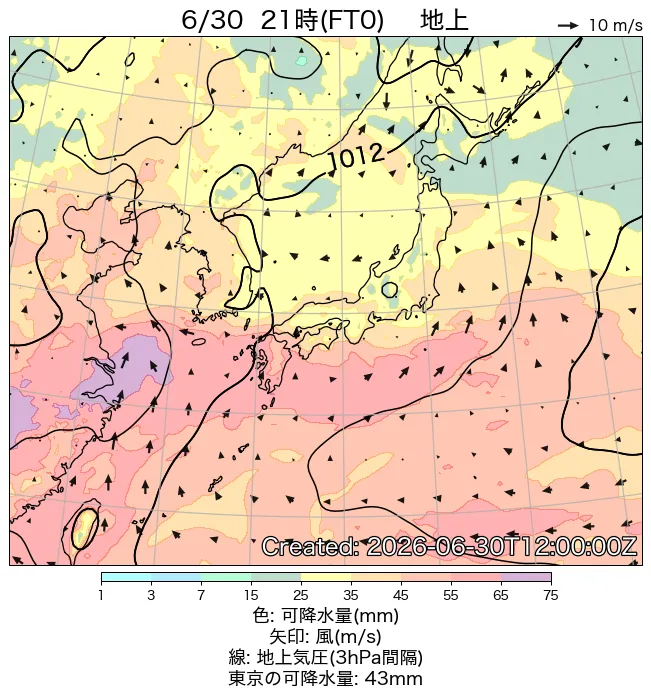 2026年6月30日の日本周辺の地上天気図（21時）