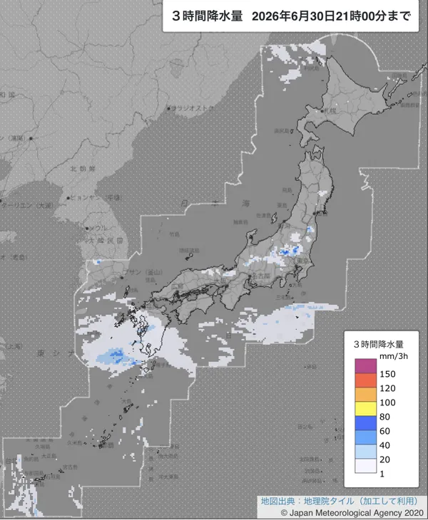 2026年6月30日18〜21時の日本周辺の3時間解析降水量