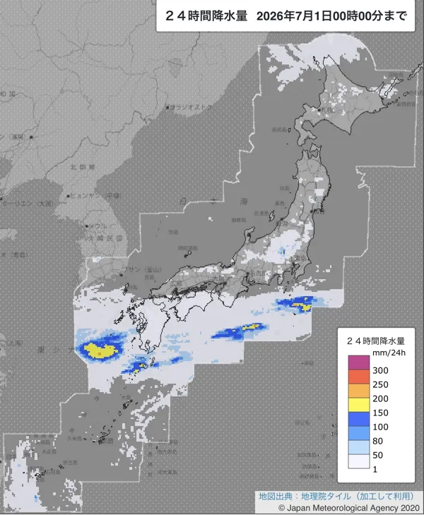 2026年6月30日の日本周辺の日解析雨量の図
