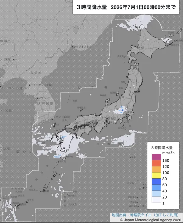 2026年6月30日21〜24時の日本周辺の3時間解析降水量