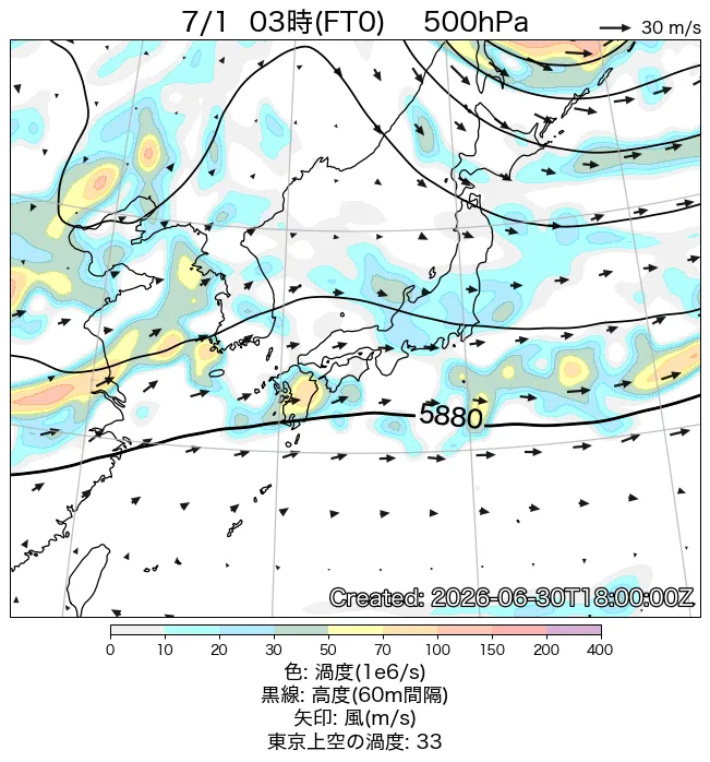 2026年7月1日の日本周辺の500hPa天気図（3時）