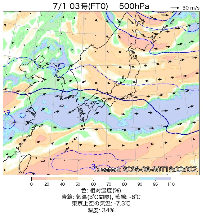 2026年7月1日の日本周辺の500hPa天気図（3時）