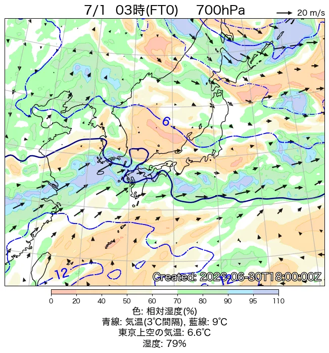 2026年7月1日の日本周辺の700hPa天気図（3時）