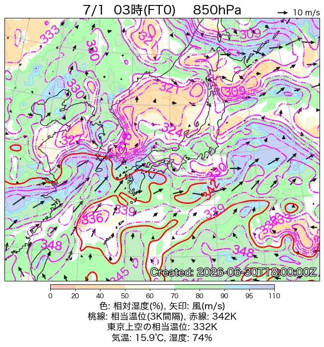 2026年7月1日の日本周辺の850hPa天気図（3時）