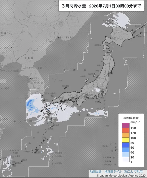 2026年7月1日0〜3時の日本周辺の3時間解析降水量