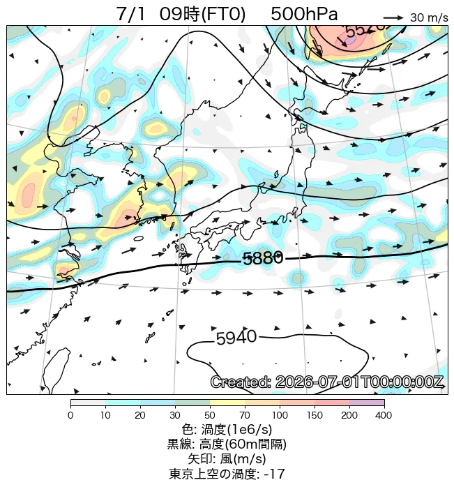 2026年7月1日の日本周辺の500hPa天気図（9時）