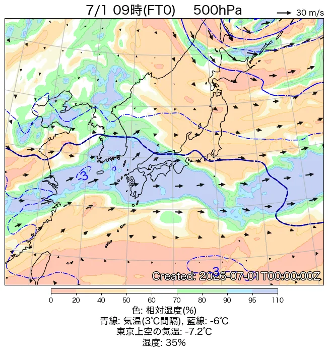 2026年7月1日の日本周辺の500hPa天気図（9時）