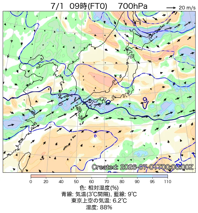 2026年7月1日の日本周辺の700hPa天気図（9時）