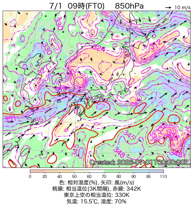 2026年7月1日の日本周辺の850hPa天気図（9時）