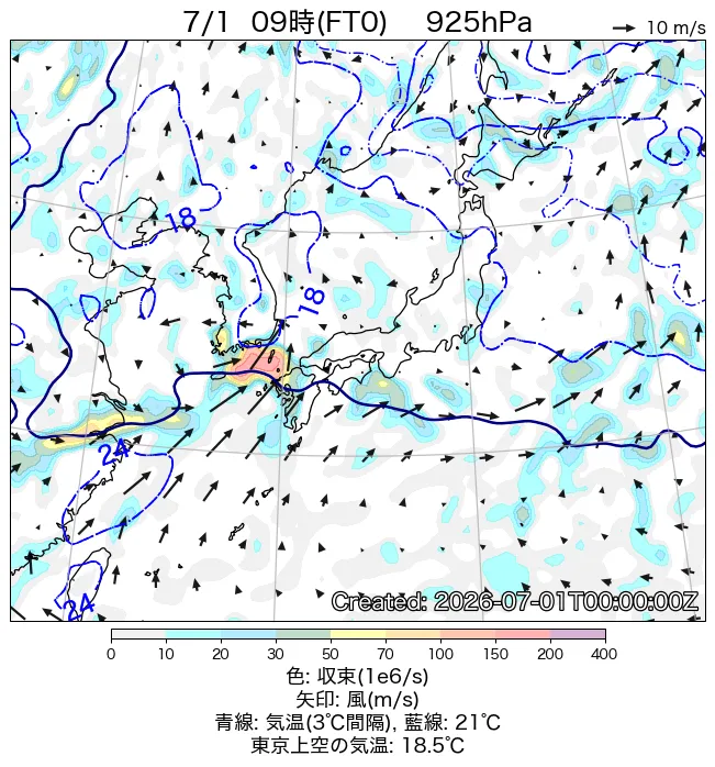 2026年7月1日の日本周辺の925hPa天気図（9時）
