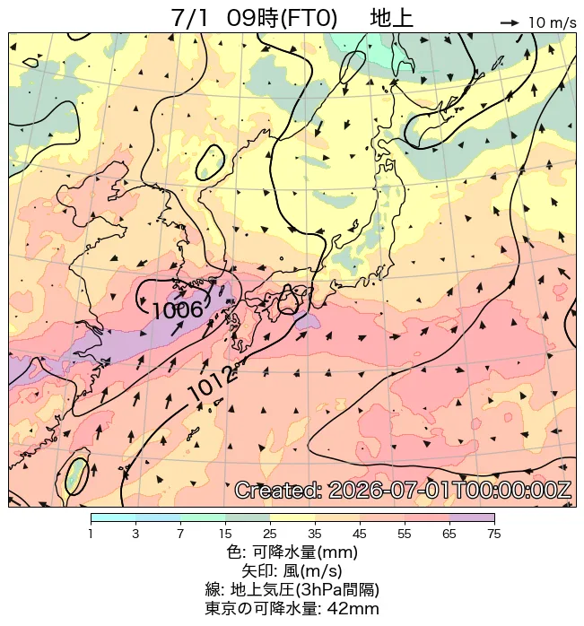 2026年7月1日の日本周辺の地上天気図（9時）